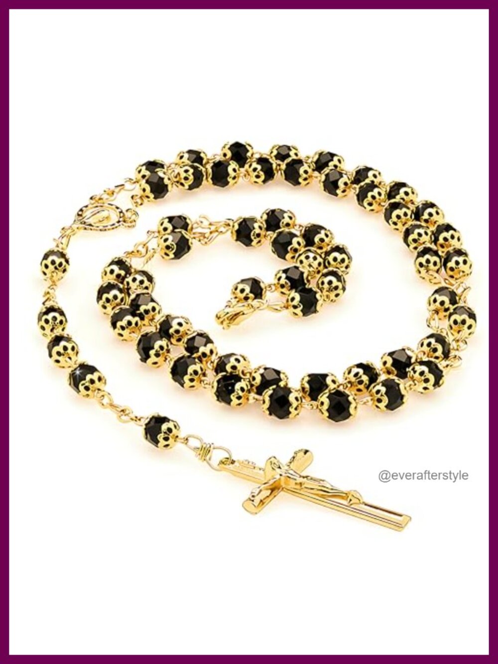 24K Gold Plated Rosary Necklace with Crucifix Black Beads